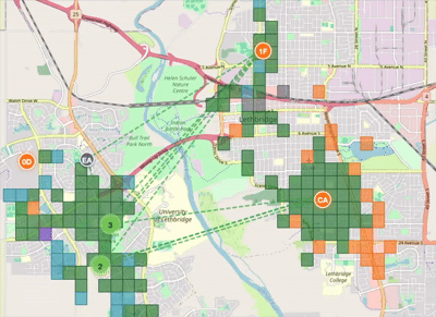 City map of Lethbridge with a few repeaters on it and their known coverage areas plus some moving lines between showing which way comms are heard.