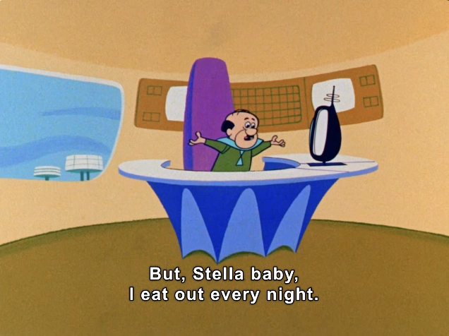 The image features a vibrant and colorful animated scene, depicting a character sitting at a futuristic desk. The character, a short, stocky man with a round face and expressive gestures, appears to be animated and engaged in conversation. He wears a green and blue outfit, highlighting his cheerful demeanor. 

The desk is designed with a sleek, modern aesthetic, characterized by a dynamic star-shaped base and a smooth, rounded surface. In the background, large windows reveal a futuristic landscape with soft colors and abstract shapes, enhancing the animated setting.

The dialogue displayed at the bottom reads, "But, Stella baby, I eat out every night," suggesting a humorous context and an ongoing conversation. The overall ambiance of the image conveys a whimsical, light-hearted essence typical of classic animated television shows.

#HornDog