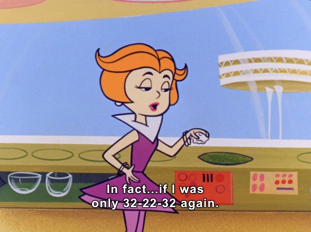 The image features a stylized, animated character with an elegant appearance, showcasing a vibrant and colorful background typical of mid-century futurism. She has striking orange hair styled in a chic bob, complemented by a form-fitting, lavender dress with a unique collar design. The character stands confidently, holding a small object in her hand, and appears to be engaged in a reflective moment, indicated by her expression.

In the background, futuristic kitchen appliances and an abstract landscape are visible, suggesting a playful yet sophisticated environment. The focus of her dialogue reveals a humorous introspection about her past figure, referencing specific measurements, which adds a lighthearted tone to the scene.

"If I was only 32-22-32 again."

#MILF 