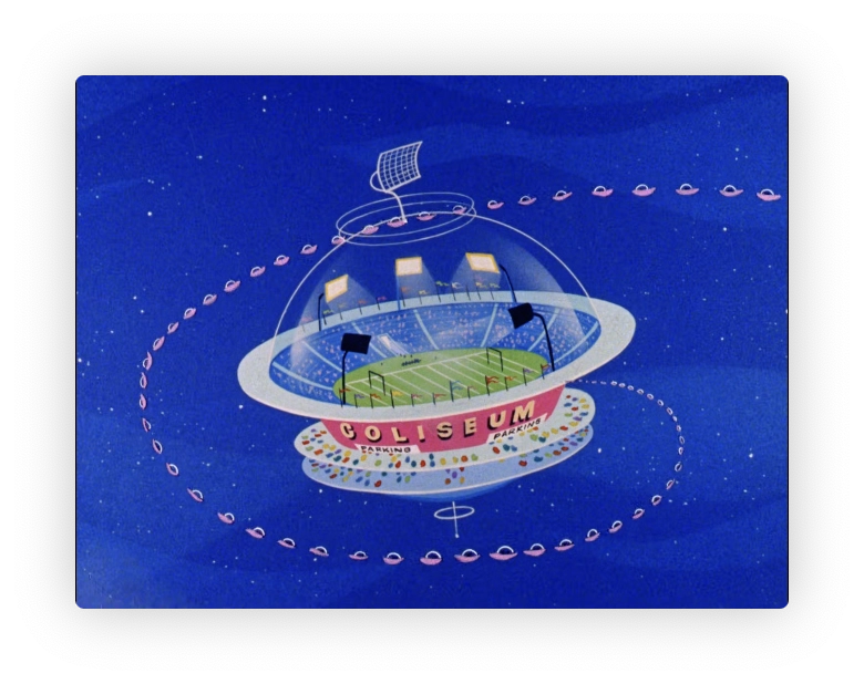 A floating-in-the-sky bubble topped coliseum with an american football field inside and lots of seating.  There is a spiral line of flying cards entering the parking facility below the bubble field level.