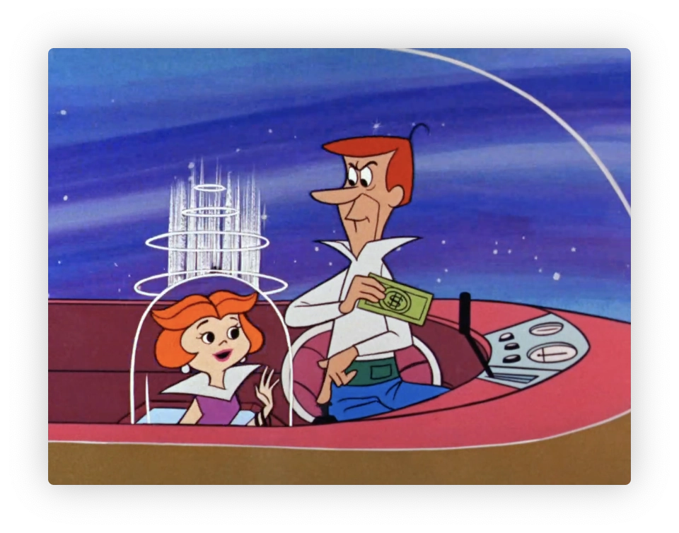 This image features two animated characters from a classic cartoon. The character on the left is an adult woman with orange hair, wearing a white helmet and purple outfit, seated inside a clear bubble dome. The character on the right is an adult male with brown hair, wearing a white shirt and blue pants; he's holding a green dollar bill and seated at a futuristic, circular control panel in a cartoon-style flying or hovering car. In the background, you can see a night sky dotted with stars and a crescent moon, along with futuristic architecture, suggesting a scene set in a sci-fi or futuristic setting.