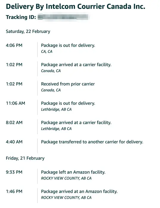Screen shot of Intelcom Courier package tracking that shows progress of a package, including three entries that are dated in the future.