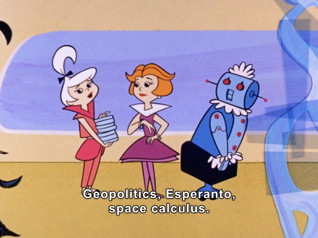 In this colorful animated scene, three characters engage in a lively discussion. On the left, a character with a stylish hairstyle and holding a stack of items appears thoughtful. She wears a pink outfit, adding a playful vibe. Beside her, a second character with bright orange hair is dressed in a pink dress and looks intrigued by the conversation. To the right, there’s a blue robotic character, notable for its whimsical design, complete with details like red dots and antennae, holding a black rectangular object. The backdrop features vibrant, abstract shapes, enhancing the futuristic theme. The text at the bottom humorously lists "Geopolitics, Esperanto, space calculus," suggesting a conversation rich in diverse topics. This scene captures a blend of humor, creativity, and a playful exploration of complex subjects in a charming animated context.