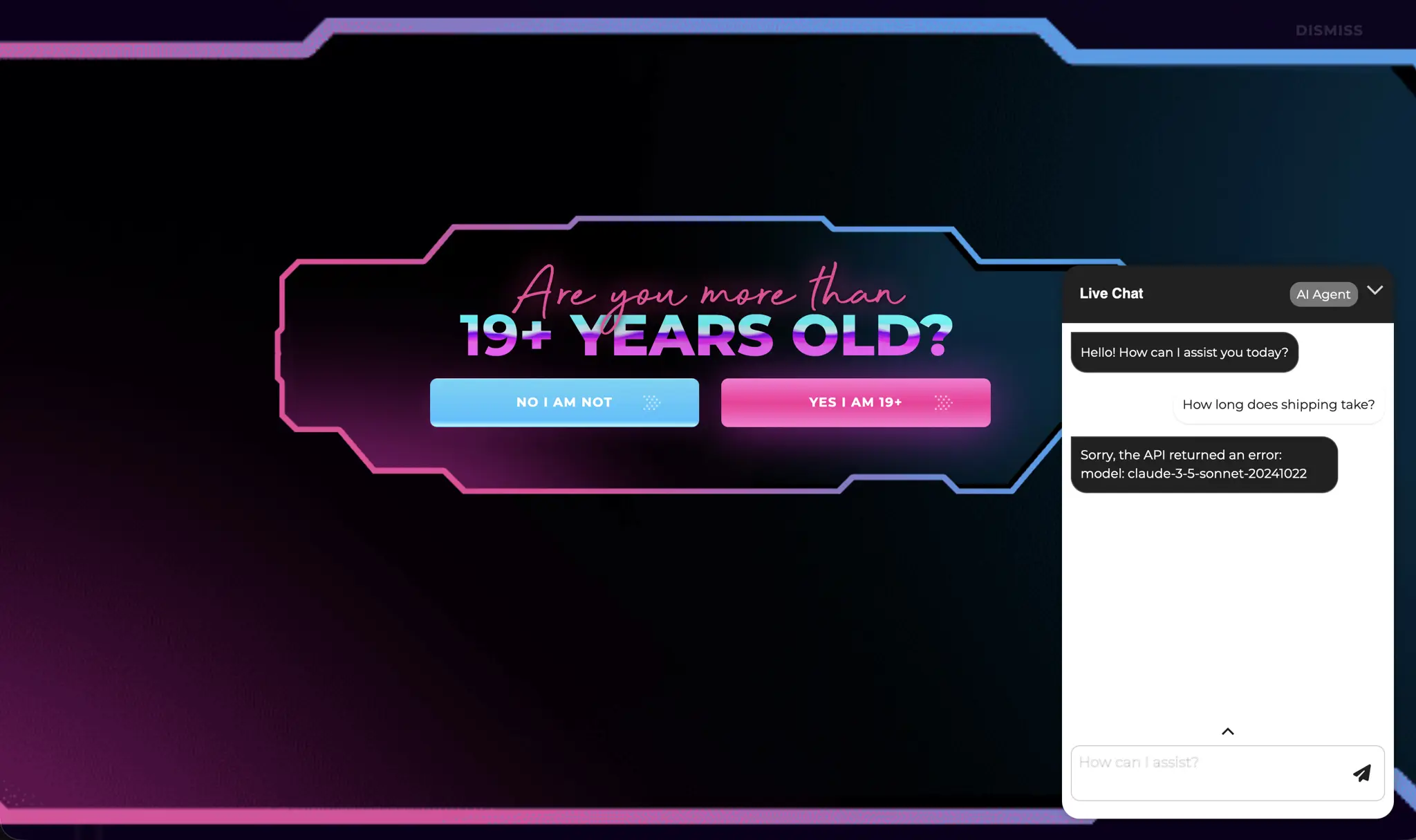 Vapour Wave neon coloured age verification screen with an AI agent chat that is throwing errors.