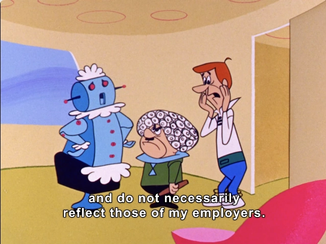 The image depicts a scene from a classic animated show, featuring three characters in a stylized interior setting. On the left, a robot with a playful design, adorned with colorful accents and a circular head, stands confidently. Its body is predominantly blue with white details, showcasing a whimsical nature. 

In the center, a character with a round face and curly hair appears to express worry or annoyance, dressed in a long, flowing garment. This character contrasts sharply with the robot, amplifying the comedic tension in the scene. To the right, a man with a modern hairstyle and a concerned expression stands with his hands raised to his face, embodying a sense of distress or disbelief. 

The background features a softly curved wall in a light color with simple, abstract patterns, contributing to the playful and futuristic atmosphere characteristic of the show's design. 
