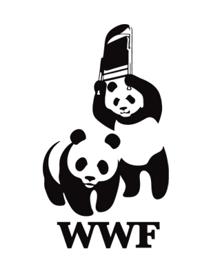 Black and white line drawing of two pandas.  One on all fours, another on its hind legs about to smash a folded chair onto the lower one.   Underneath are the letters WWF
