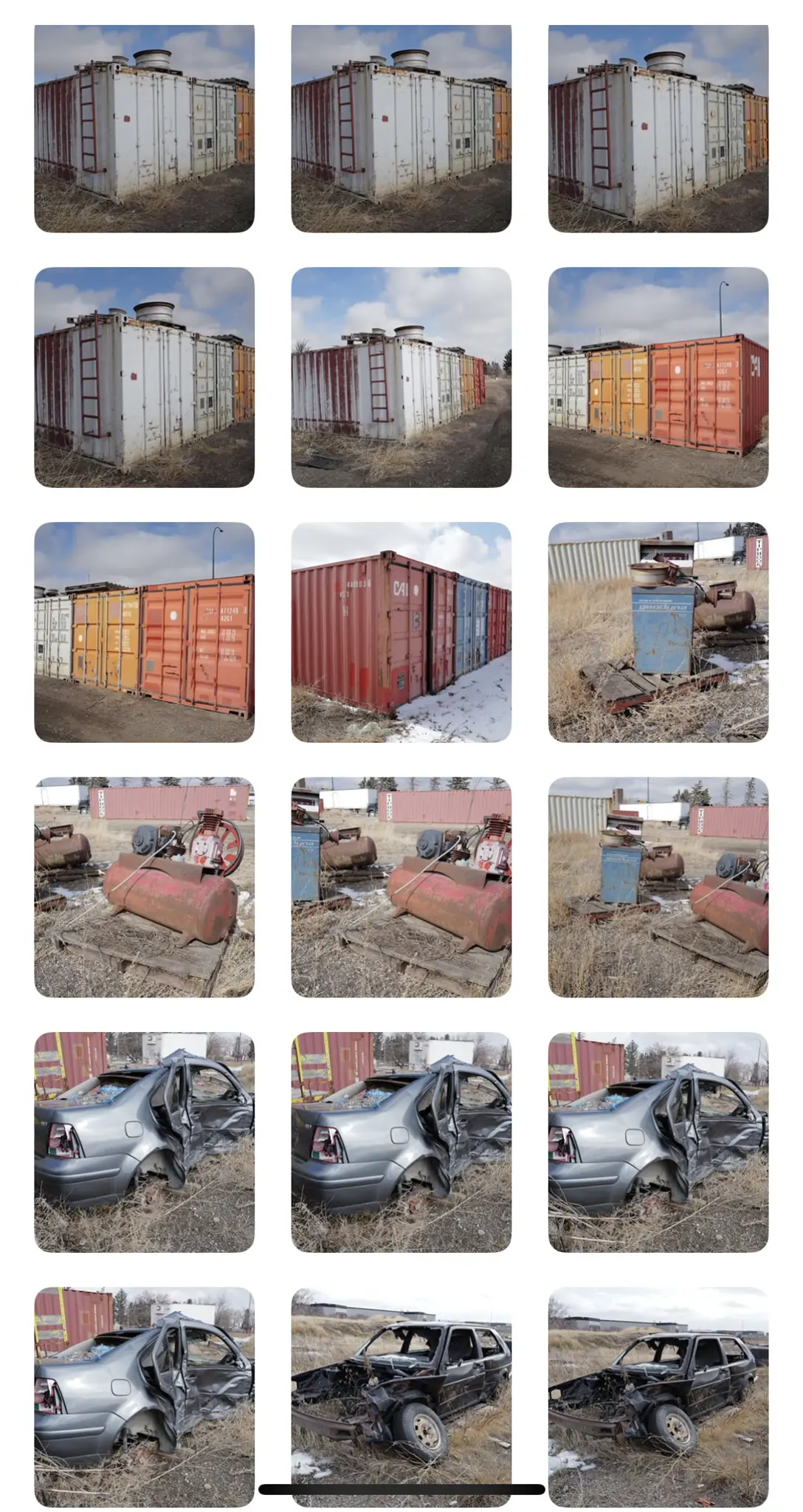 Grid view of photos importing into my phone.  Subjects are smashed up cars, colourful sea cans (shipping containers), and some rusty air tanks etc.