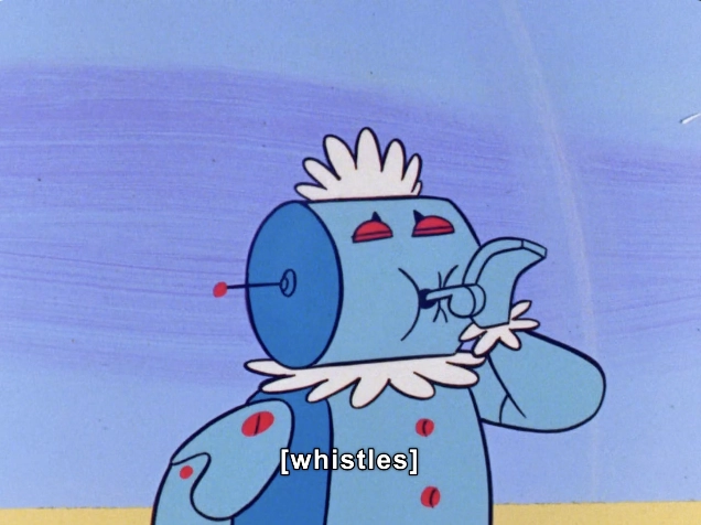 The image features a whimsical, cartoonish robot depicted against a vibrant, light blue background. The robot has a bulbous head with a rounded base, a prominent round eye, and a whimsical smile. Its body showcases a pastel blue color, complemented by a ruffled white collar reminiscent of a clown's costume. Red buttons adorn the robot's chest and forehead, adding playful charm.

Its arm is raised in a gesture that suggests it is whistling, enhancing the light-hearted and friendly demeanor of the character. The overall composition conveys a sense of happiness and fun, making it appealing for an audience that enjoys playful, animated characters. The simplicity and vivid colors contribute to a cheerful atmosphere.