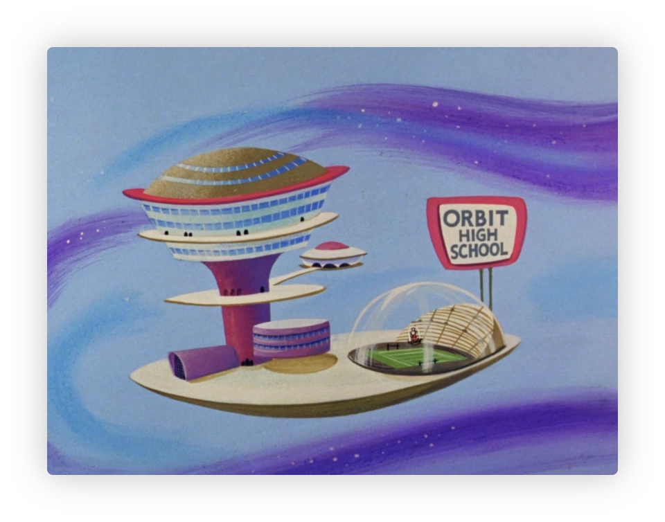 This image depicts a futuristic and imaginative school named "Orbit High School." The architecture of the school features a distinctive, multi-tiered central building with circular, horizontal bands of windows, supported by a tall pillar. Surrounding installations include a smaller circular structure, a tunnel, and what appears to be a transparent dome covering a sports field with a figure possibly playing baseball. The background gives the impression of a vast, starry sky, enhancing the overall sci-fi or space-themed aesthetic of the image. A flying vehicle resembling a car or shuttle is also visible near the central building, suggesting advanced transportation technology. The creative and visionary design of the school hints at a high-tech education environment, possibly set in an outer space or advanced Earth setting.