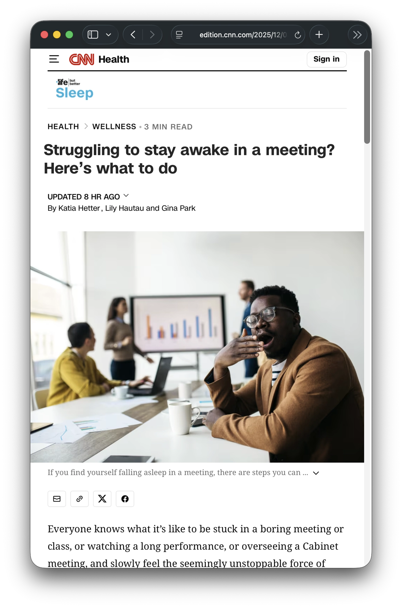 News article with headline 

"Struggling to stay awake in a meeting? Here’s what to do"

Featuring a picture of a man in a meeting, trying to cover up his yawn.