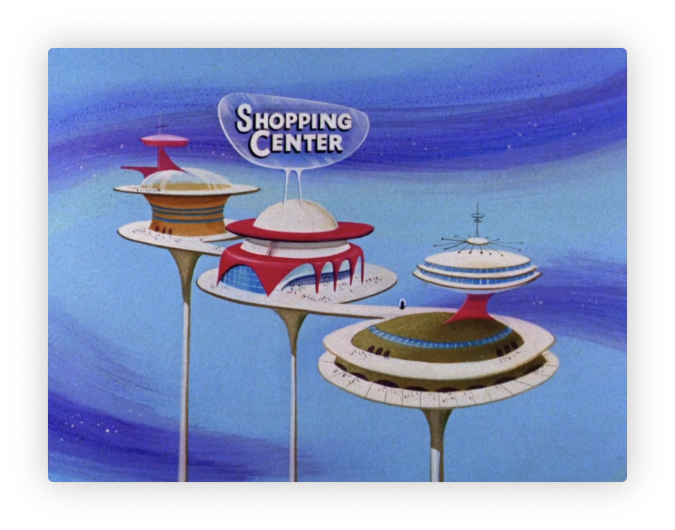 The image features a futuristic, stylized depiction of a shopping center. This illustration showcases several elevated, circular buildings, each supported by slender pillars. The architecture has a distinct retro-futuristic design, reminiscent of mid-20th-century predictions of the future. The buildings vary in design and color, with features such as domed roofs, extended canopies, and vibrant colors. A large sign that reads "SHOPPING CENTER" is prominently displayed in the sky above the structures. The background has a gradient blue sky, giving a serene and expansive feel to the setting. The overall aesthetic is playful and imaginative, typical of vintage futuristic art.