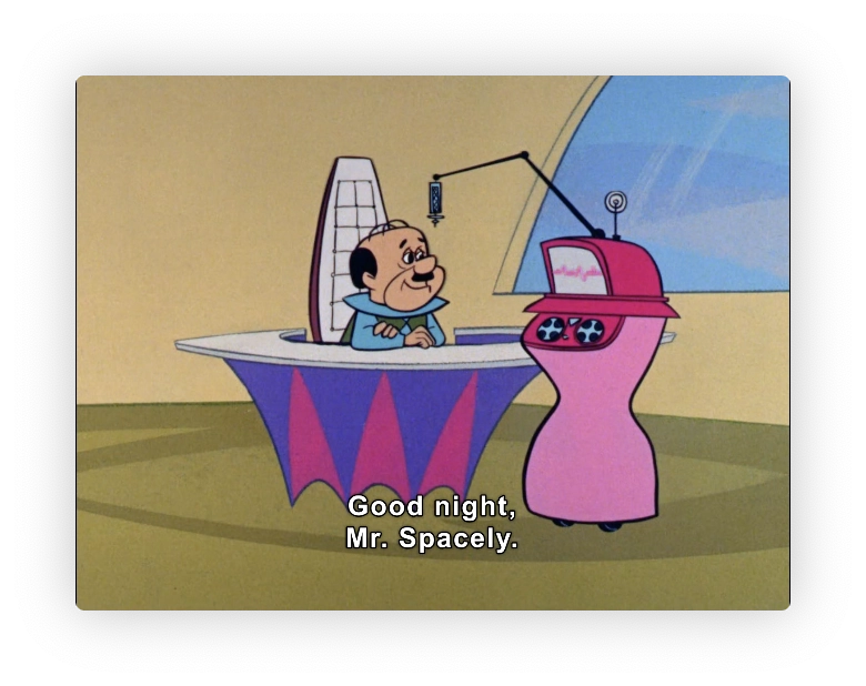 The scene shows a chubby, middle-aged man with dark hair and a mustache sitting behind a futuristic-looking desk. The desk is shaped like a flying saucer with purple and pink accents. He looks pleasant and is perhaps saying goodnight.

To his right, there's a pink robot-like device, shaped somewhat like a stylized hourglass, with a small screen on its "head". A microphone is connected to the desk and the robot by a thin, flexible arm. The background suggests a spaceship interior or futuristic setting, with beige walls and a large window showing a light blue sky with streaks of white, possibly indicating movement or atmosphere.

The words "Good night, Mr. Spacely" are overlaid on the image, suggesting this is a closing scene or a farewell to a character named Mr. Spacely. The overall style is consistent with classic Hanna-Barbera animation.