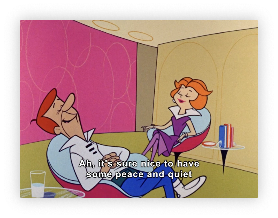 The image features two animated characters, a man and a woman, from a classic cartoon. They are sitting in a modern, stylized living room. The man is resting on a blue lounge chair with his hands behind his head, appearing relaxed or asleep. The woman is seated across from him in a purple and white chair, smiling contentedly with her eyes closed. There's a small round table between them with a glass and a book, and a striped soda can. The room has a pink and yellow color scheme with a whimsical design on the back wall. The caption "Ah, it’s sure nice to have some peace and quiet" suggests they are enjoying a calm and tranquil moment.