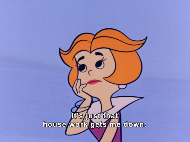 This image features an animated character with a thoughtful expression, set against a light blue background. The character has medium-length, orange hair styled with soft waves and wide, expressive eyes. She has a contemplative demeanor, resting her chin on her hand, as she appears lost in thought. 

The text on the image reads: "It's just that house work gets me down." This adds context to her expression, suggesting a feeling of frustration or weariness associated with household responsibilities.

Overall, the image captures a relatable moment of contemplation, resonating with themes of domestic life and emotional fatigue.

#Valium #MothersLittleHelper 
