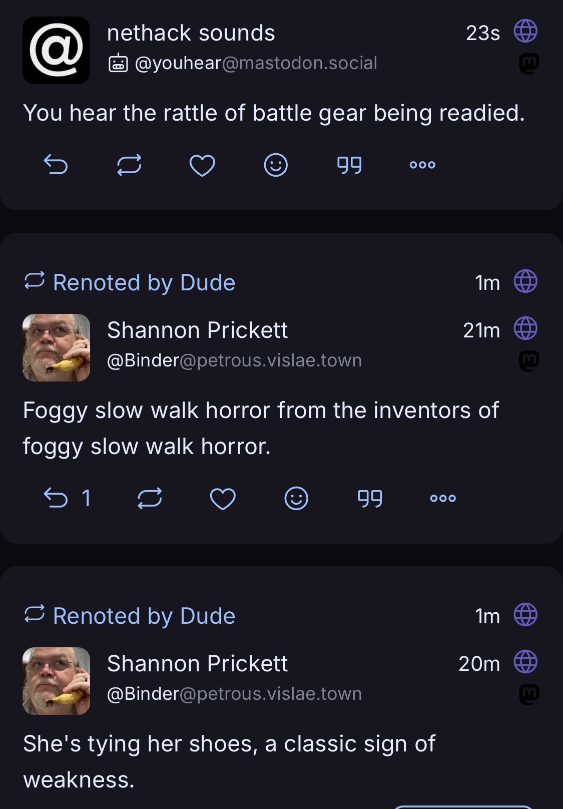 Series of toots by two accounts.  One is a person commenting on scene in #monsterdon of a character tying her shoelaces, and the other is the NetHack Sounds bot saying “You hear the rattle of battle gear being readied.”