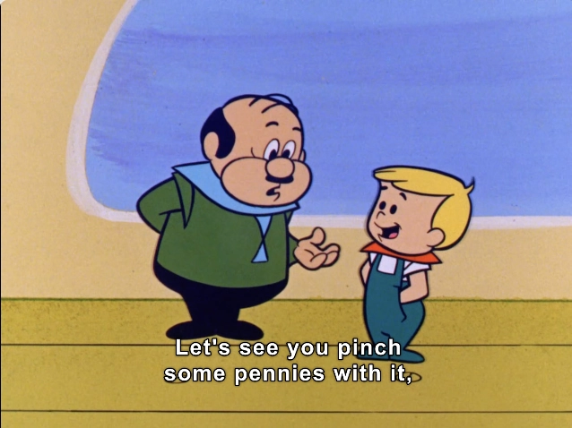 The image features two animated characters engaged in conversation in a colorful, cartoon-style setting. One character, distinguished by a round face and wearing a green shirt with a blue collar, appears to be imparting wisdom or giving advice to the other character, who is a young boy with blonde hair and a cheerful expression, dressed in a blue shirt with a red collar. The backdrop is a simple, light-colored interior, creating a playful atmosphere typical of animation for children. The dialogue in the image suggests a lighthearted exchange with a focus on practicality, likely reflecting themes of resourcefulness and wit. 
