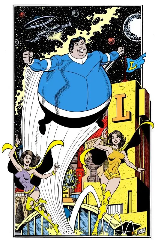 2d artwork, from Legion of Superhereos comic book land.   Bouncing boy in blue white and black doing his bouncing thing (he is very round).   Flanking a bit behind and below are the two half of duo-damsel.