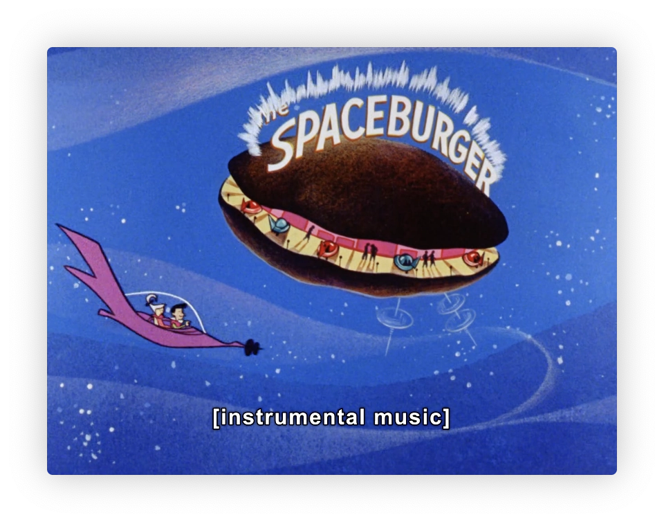 The image is a cartoon still featuring a whimsical and imaginative space scene. There's a giant hamburger structured like a space station or restaurant named "SPACEBURGER," decorated with festive, colorful lights around its rim. Beneath this spaceburger, a small, pink spaceship with two cartoon characters inside flies by, adding to the quirky, futuristic diner-in-space theme. The image includes a caption that reads "[instrumental music]," indicative of a background soundtrack typical in animated features or television shows.