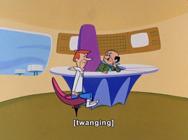 In this animated scene, characters sit in a futuristic office setting characterized by smooth lines and vibrant colors. The background features a soft yellow hue with a large window revealing an abstract view outside, hinting at a sci-fi environment. One character, dressed in a white shirt and blue pants, is seated on a stylish pink chair, conveying a sense of tension or concern. The other character, in a green outfit and balding with a mustache, leans over a sleek, modern desk, appearing animated and possibly engaged in a conversation. Above them, a whimsical narration element indicates a sound effect, “[twanging],” adding a dynamic auditory layer to the scene. The overall atmosphere suggests a blend of humor and futuristic intrigue, typical of classic animated shows.