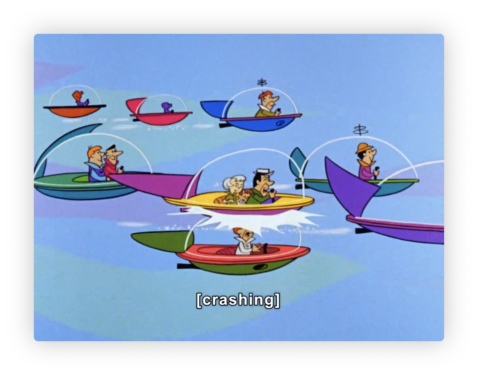 This image shows a scene from an animated cartoon featuring various characters in flying cars. These cars are futuristic, with bubble-like canopies atop them and are flying close together. The vehicles have a variety of colors and designs, and each car contains either a single passenger or a couple. Below the vehicles is a simple background of a clear sky. The image includes a subtitle text at the bottom that reads "[crashing]", indicating ongoing or imminent action involving the vehicles possibly colliding or experiencing turbulence.
