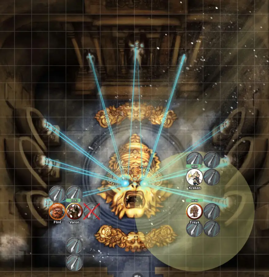 Screen shot of dungeons and dragons session in a virtual table top.  There are flying swords attacking four adventurers, and radiant laser beams shooting from statues on the walls of the room towards the eyes of an inlaid 20 foot across bias relief monkey monster looking thing in the floor.