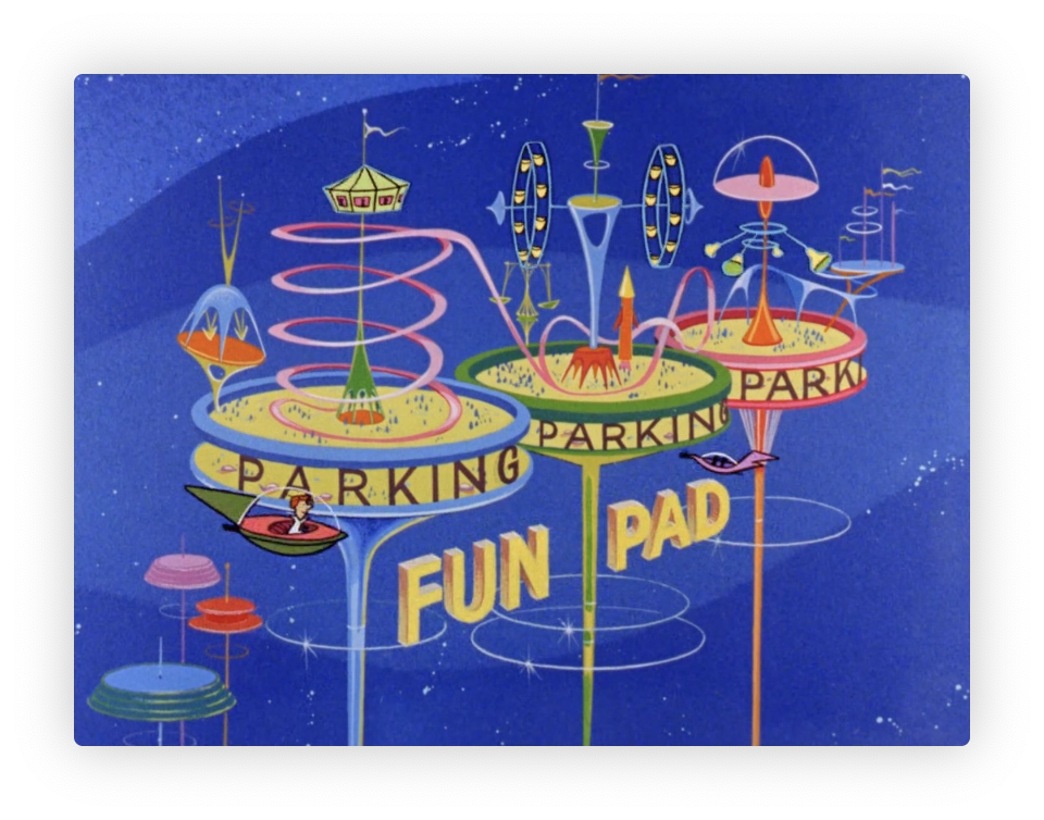 This image is a stylized, retro-futuristic illustration depicting an imaginative amusement park set in a science fiction setting. It features colorful, elevated platforms labeled "PARK" and "PARKING" with swirling pathways connecting them, suggestive of a multi-level parking system for flying vehicles. These platforms support various futuristic attractions, including rockets, flying saucers, and whimsical, space age-style buildings. The environment is vibrant, with a dark blue starry sky background that enhances the whimsy and fantastical feel of the scene. The overall theme is evocative of mid-20th century visions of the future.