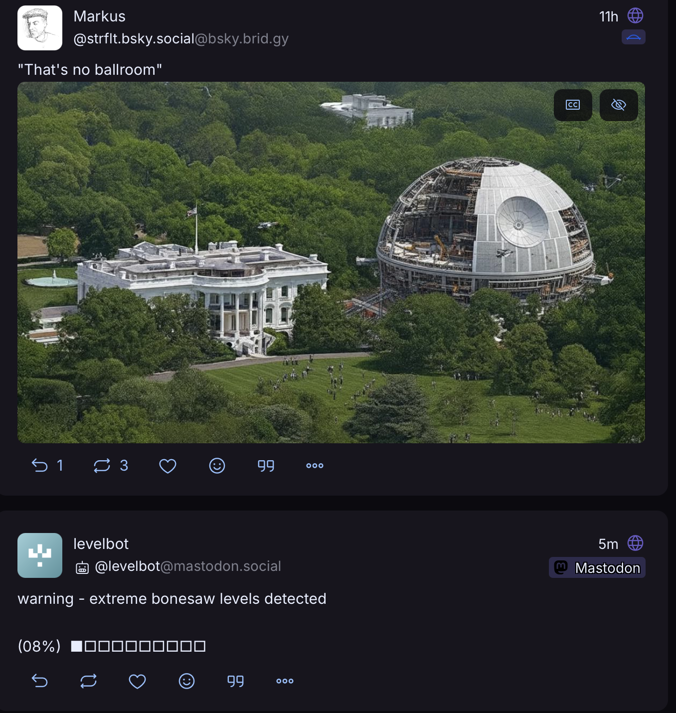 Screen shot showing a photoshopped picture of under construction Death Star where east wing used to be, and another post right under that which says "warning - extreme bones levels detected"