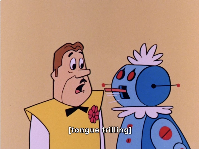 In this vibrant animated scene, two characters are depicted against a solid yellow background, emphasizing their features and expressions. The character on the left is a man with a surprised expression, wearing a bright yellow outfit adorned with a flower on his chest and a black bow tie. His hairstyle features a light brown color, adding to his surprised demeanor.

To his right stands a quirky blue robot with a playful design. It has a round body, red eyes, and a white plume on top of its head. The robot is engaged in an amusing action, indicated by the dialogue box that reads “[tongue trilling],” suggesting a humorous interaction between the two characters.

The overall composition captures a lighthearted moment, showcasing the animated characters' distinct expressions and personalities, characteristic of an entertaining cartoon environment.

#RobotFetish #RobotSex