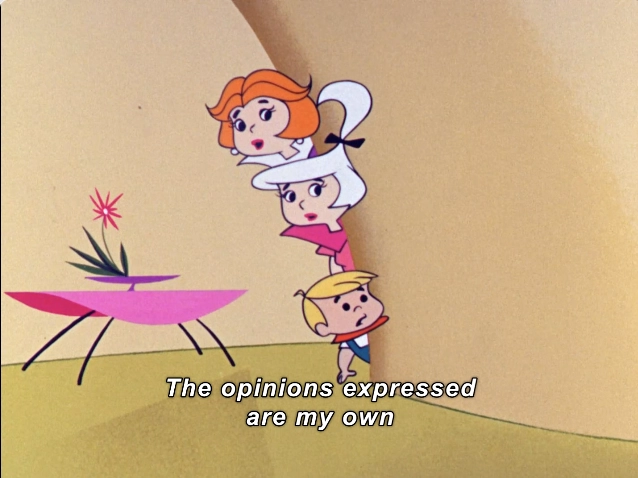 This image features three animated characters peeking out from behind a wall, positioned in a playful manner. The character in the foreground is a young boy with short blonde hair, wearing a yellow shirt and blue shorts. Behind him are two women; one has light blonde hair styled in a ponytail, wearing a pink top, and the other has orange hair and is dressed in a red outfit. The background is a stylized, soft-colored setting, with a minimalist pink table displaying a small, decorative plant. Text at the bottom reads, "The opinions expressed are my own," emphasizing a humorous or light-hearted tone. This scene captures a sense of curiosity and interaction among the characters, reflecting themes of communication and expression.