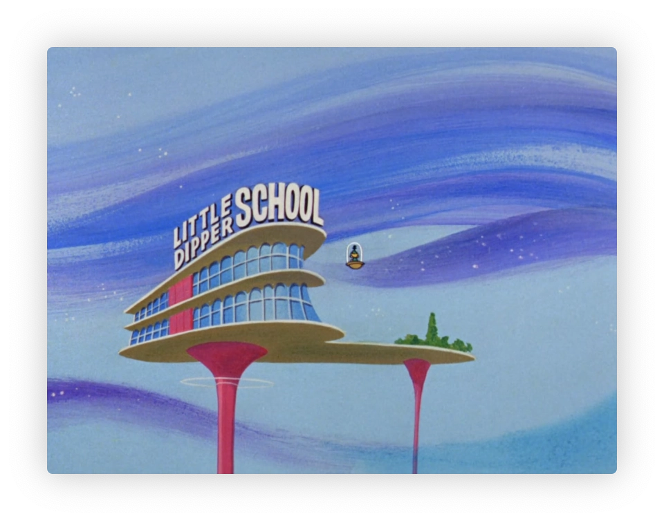 In this vibrant scene from *The Jetsons*, we see the futuristic Little Dipper School, a striking architectural marvel suspended in the sky. The building features sleek lines and large glass windows, reflecting the advanced technology of the space age. Its whimsical design is complemented by a colorful palette, with pink pillars supporting the structure and a dreamy blue backdrop swirling with cosmic hues. A small flying vehicle approaches, hinting at the ease of transportation in this world. 