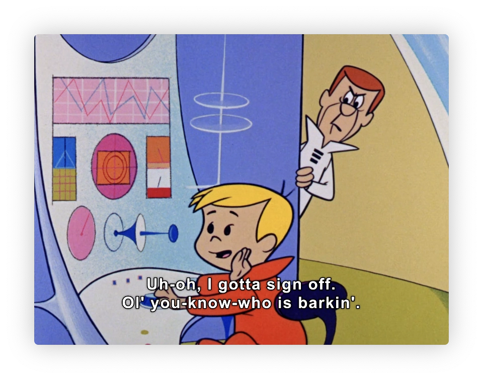 The image shows a scene from a classic animated television show featuring two characters in a room with 1960s-style colorful, abstract decor. On the left, there is a young blond boy wearing a red turtleneck who is pressing his hand against his ear, possibly reacting to a noise or interruption. On the right, a man with brown hair, peeks around a door, looking slightly startled or concerned, while holding a document or paper. There is also a speech bubble containing text that says, "Uh-oh, I gotta sign off. Ol' you-know-who is barkin'." This indicates that the boy is possibly speaking on a communication device and needs to end the conversation due to a disruption, possibly caused by a dog or someone referred to indirectly. The overall style and animation suggest a mid-20th-century American animated series.