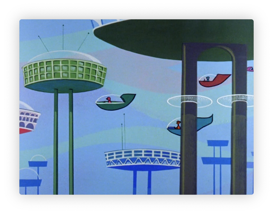 This image depicts a futuristic cityscape with various structures that appear to be buildings and flying vehicles. The buildings have a unique and advanced architectural design, suggesting a highly developed or imaginative future setting. There are multiple small, oval-shaped flying vehicles, colored primarily in pink and blue, filling the sky. These vehicles seem to be flying in a coordinated formation. The overall aesthetic of the image is reminiscent of classic animated sci-fi or utopian series, characterized by its stylized and colorful artwork.