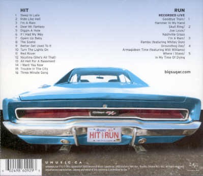 Back cover of the album, with similar perspective distorted rear of the car and a listing of all the song tracks.