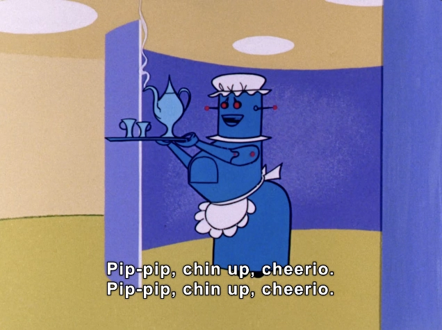 In this vibrant animated scene, a cheerful robot character is depicted in a playful, whimsical style. The robot, rendered in shades of blue, sports a classic maid’s cap and an apron, exuding a friendly demeanor. It stands behind a curved, light-colored partition, suggesting a cozy indoor environment.

The robot is holding a tray with two teacups, and wisps of steam rise from the teapot, indicating a warm drink ready to serve. Below the robot, text reads, “Pip-pip, chin up, cheerio. Pip-pip, chin up, cheerio,” adding a lighthearted, upbeat tone to the image.

The overall composition uses a bold color palette, with the background featuring soft pastel hues, enhancing the cheerful and whimsical atmosphere. This lively portrayal effectively captures the essence of animated charm and hospitality.
