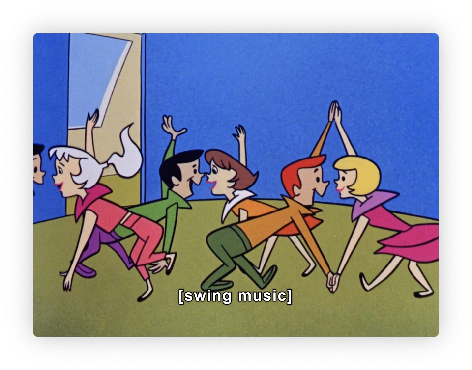 This image displays a colorful cartoon featuring six characters engaged in what appears to be a dance. The scene suggests a joyful, energetic atmosphere, likely underscored by swing music as indicated by the caption at the bottom of the image. The characters are shown in mid-movement, with vibrant clothing and dynamic postures, enhancing the lively feel of a dance scene. The backdrop consists of a simple blue sky and a green ground, focusing the viewer's attention on the characters and their actions.