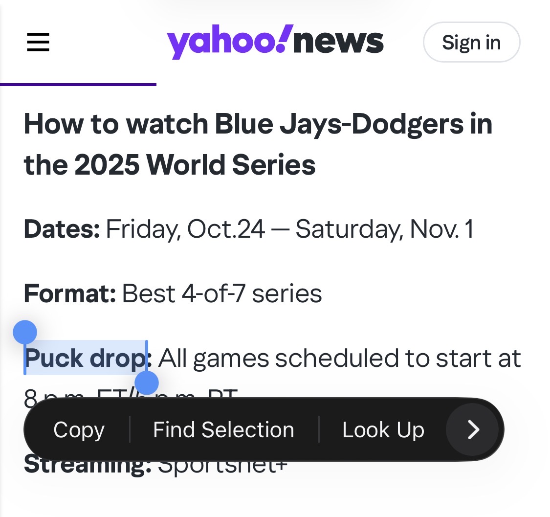 Partial screen shot of yahoo news article about World Series.  They describe game start time as “puck drop”