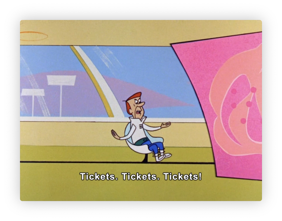 This image is from a cartoon, featuring an animated character who looks distressed or hurried, running while exclaiming, "Tickets. Tickets. Tickets!" The background shows an abstract, stylized setting with bright colors and geometric shapes, suggesting an indoor environment, possibly a terminal or station, where tickets would be relevant. The art style is indicative of mid-20th century American animation.
