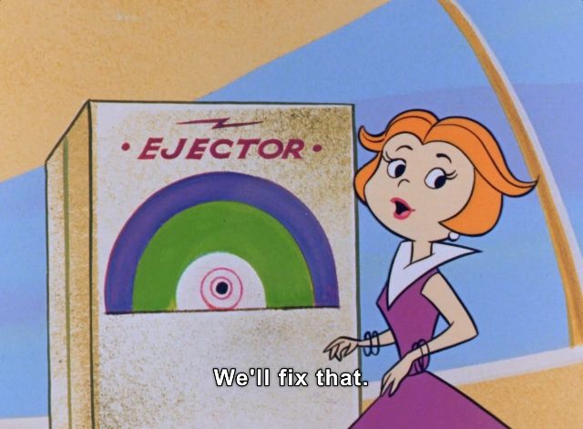 The image features a stylized cartoon character with vibrant orange hair and an elegant appearance, dressed in a purple outfit. She stands next to a futuristic machine labeled "EJECTOR," which displays a colorful circular gauge with concentric rings in green, blue, and a central white dot. The character appears engaged and confident, saying, "We'll fix that." The background is a soft pastel color, enhancing the playful, imaginative atmosphere of the scene. This image draws on retro-futuristic design elements, common in mid-20th century animation.