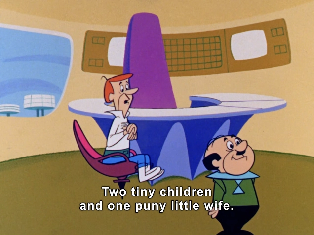 In this animated scene, two characters are depicted in a futuristic setting. The backdrop features sleek, curved lines and bright, pastel colors, typical of mid-20th-century sci-fi aesthetics. One character, with vibrant red hair, sits comfortably in a modern, ergonomic chair, expressing a contemplative demeanor. He is dressed in a casual long-sleeve shirt and pants. 

Next to him stands another character, who appears jovial, characterized by his round face and prominent features. He wears a green shirt with a blue collar, adding to the whimsical nature of the image. The dialogue displayed at the bottom humorously references family dynamics, stating, "Two tiny children and one puny little wife." 

This scene encapsulates the charm and humor typical of animated shows, appealing to a nostalgic audience while showcasing playful character interactions. The overall mood exudes lightheartedness, making it attractive for fans of classic animation.