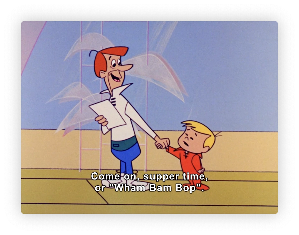 Animated scene featuring two characters, likely from a classic cartoon. On the left, there's an adult male figure, with a big smile, holding papers in one hand. He's wearing a white jacket, blue pants, and a red cap. On the right, there's a younger male character with a slight frown, dressed in a red shirt and blue pants. The adult seems to be leading the child by the hand. The background is simple, with a horizon line and a pale yellow lower half and a blue upper half, suggesting an outdoor setting. A caption included in the image reads "Come on, supper time, or 'Wham Bam Bop'," indicating a dialogue or a playful saying. The style and colors suggest a mid-20th century animation style.