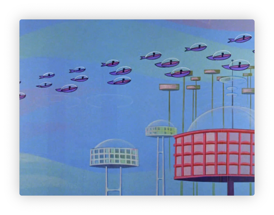 This image depicts a futuristic cityscape with architectural structures that suggest a science fiction or utopian setting. There are several unique, elevated buildings reminiscent of flying saucer designs or observation towers. Floating vehicles, which look like personal flying crafts, are moving around these buildings. The color palette includes shades of blue, green, and grey, contributing to a serene and orderly impression of this imaginary future. The overall style and elements suggest this might be a scene from an animated film or series, conveying a vision of advanced technology and urban development.