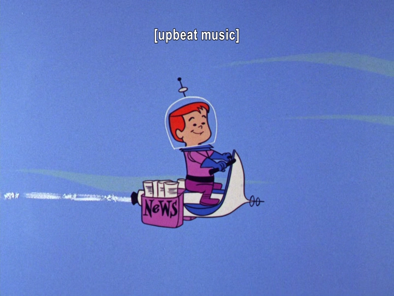 Newspaper boy on flying moped, with happy face.  Upbeat music is playing.