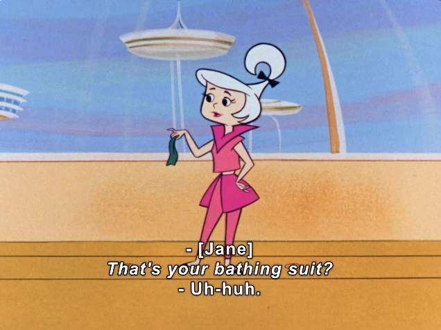 The image features a character in a vibrant animated scene, styled with a retro-futuristic aesthetic reminiscent of mid-20th century animation. The character, dressed in a bright pink outfit that has a playful and stylish vibe, holds up a small green item in her hand, suggesting it's her bathing suit. 

The background is a soft blend of oranges and blues, complemented by circular light fixtures that add a whimsical touch to the setting. The dialogue displayed at the bottom includes her mother (Jane, offscreen) asking "That's your bathing suit?"

This captures a humorous moment within a larger narrative, showcasing the engaging and comedic elements typical of classic animation. 

Overall, the image exudes a fun and lively atmosphere, appealing to fans of animated shows and retro styles.

#BodyImage #ImpliedRacySwimsuit #Teenager #IndecentExposureChargesPending